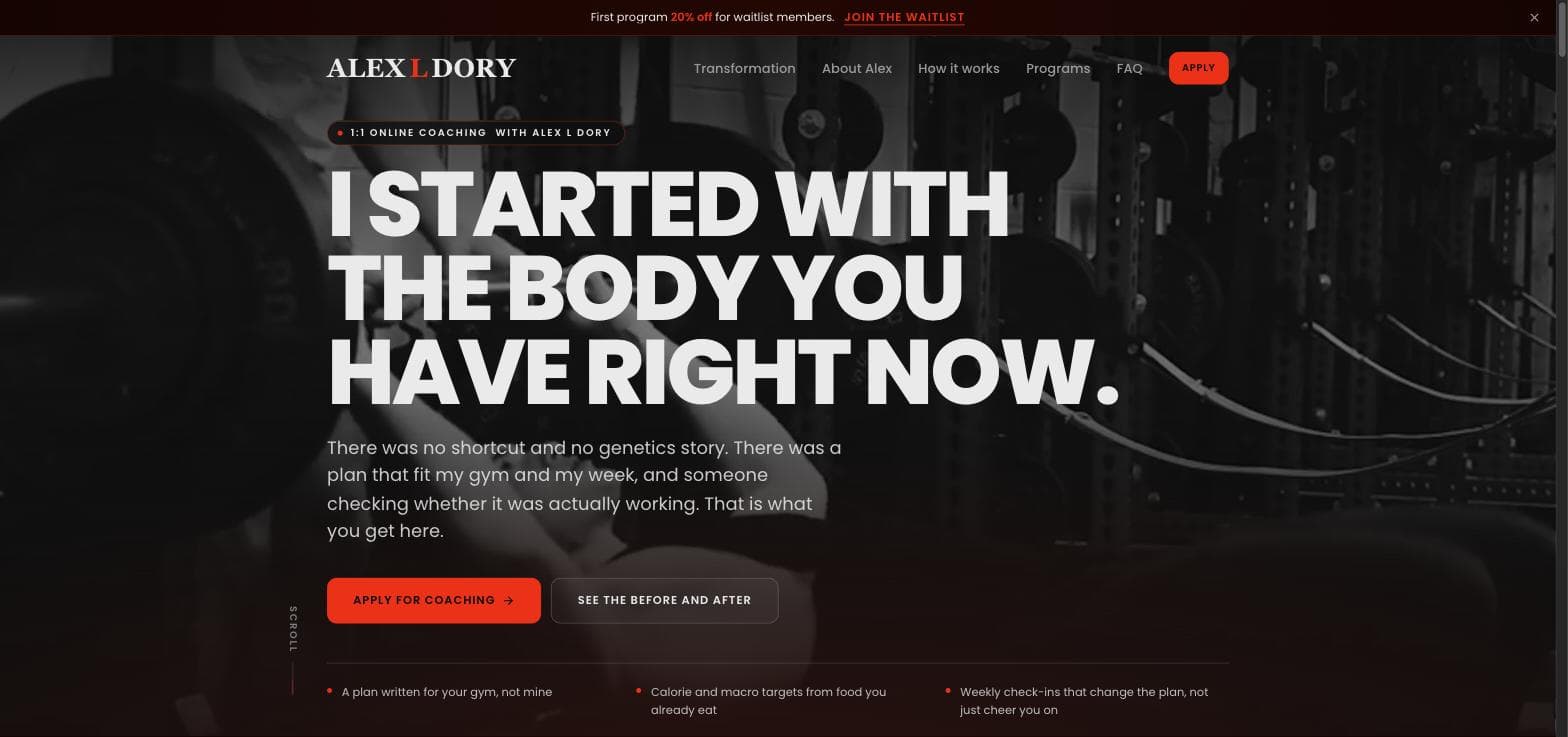 Alex L Dory coaching site homepage in near-black and signal red
