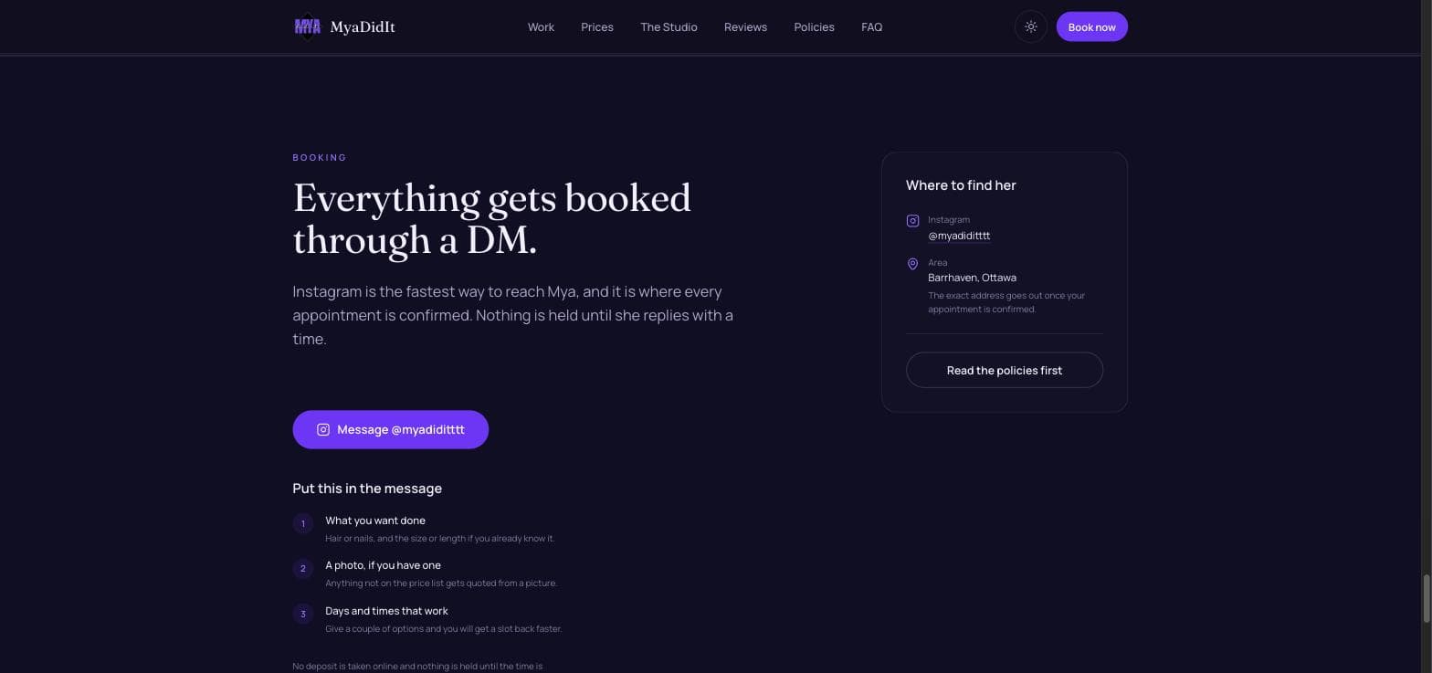 The booking section: a Message @myadiditttt button and a three point checklist of what to include