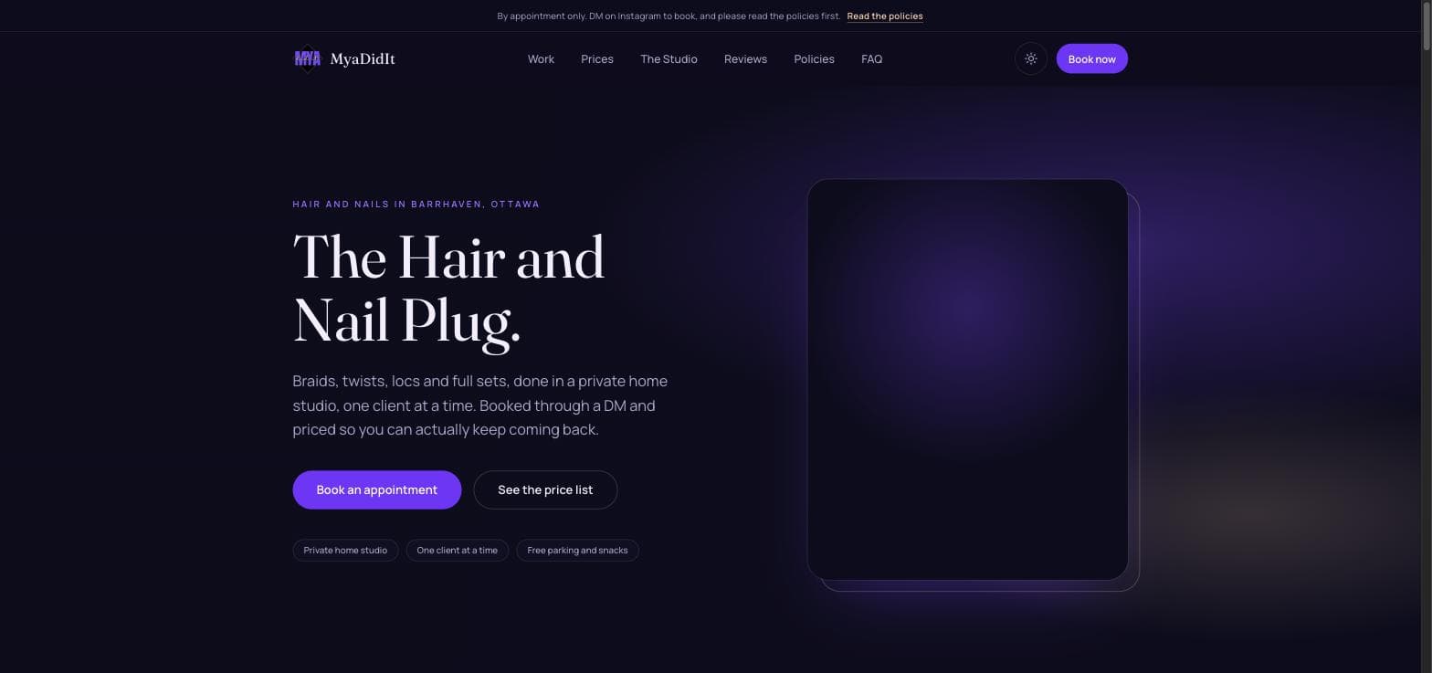 MyaDidIt homepage in dark plum with a serif display headline