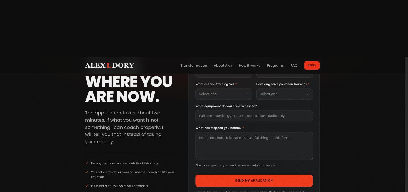 The coaching application form asking what you train for, how long you have trained, your equipment, and what has stopped you before