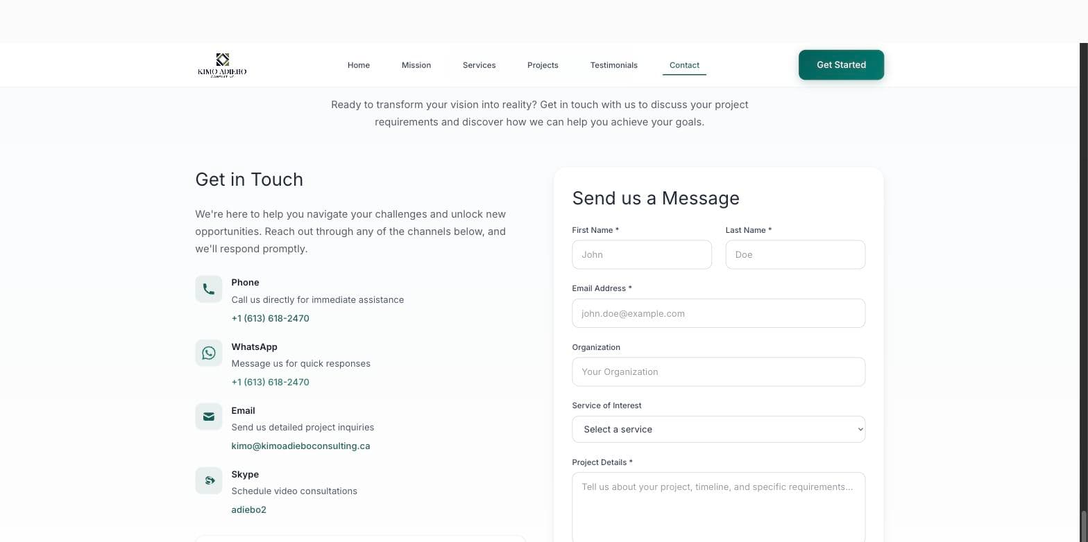 Four contact channels, phone, WhatsApp, email and Skype, each with a line explaining what it is for, beside a qualifying enquiry form