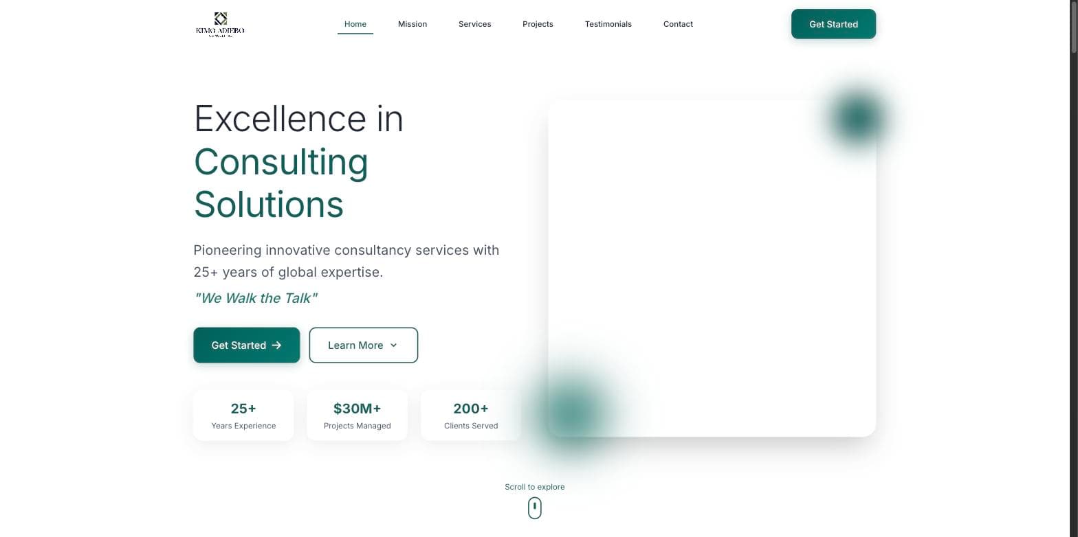 Kimo Adiebo Consulting homepage in deep green and white with credibility figures beneath the headline