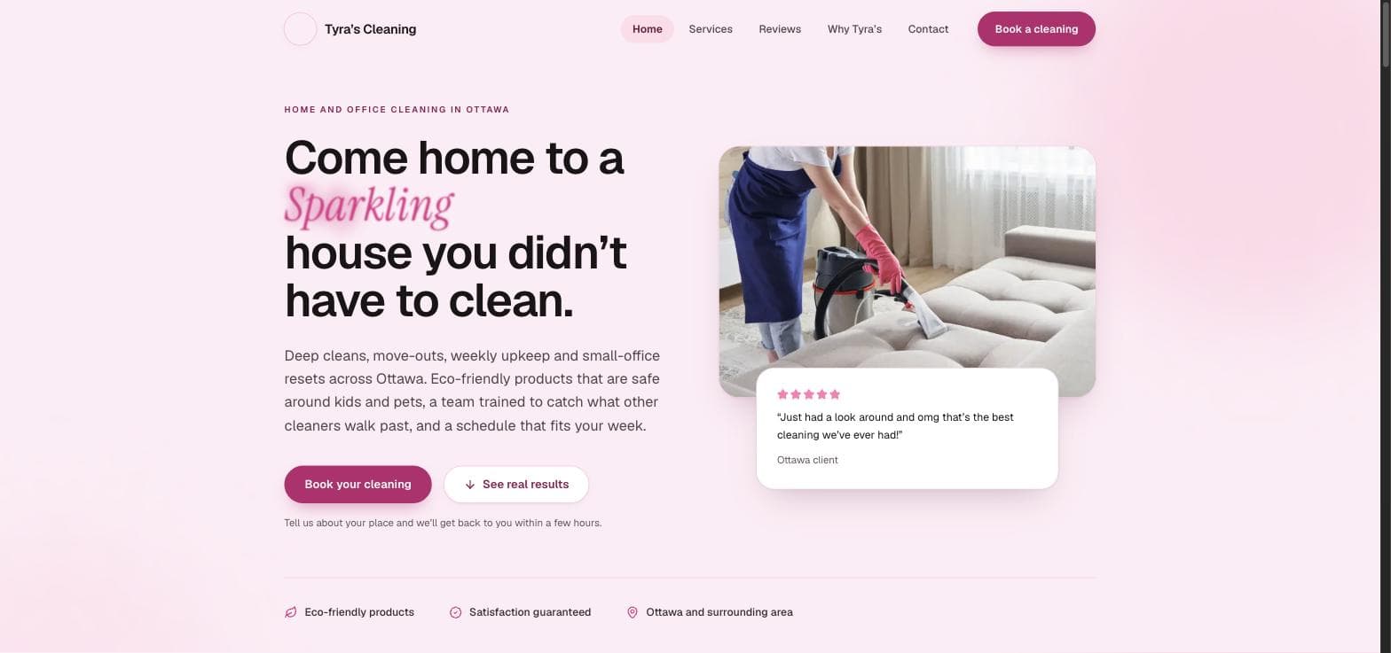 Tyra's Cleaning homepage in white and magenta with a serif accent headline